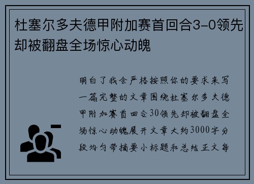 杜塞尔多夫德甲附加赛首回合3-0领先却被翻盘全场惊心动魄