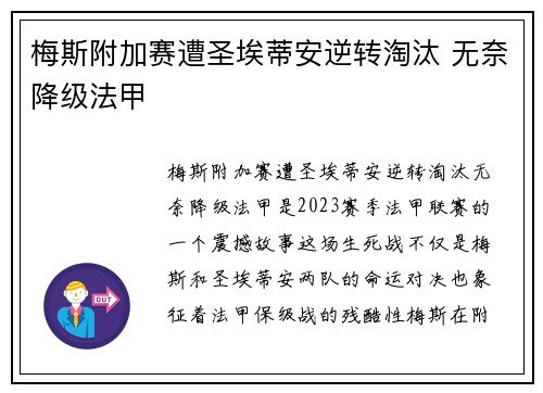 梅斯附加赛遭圣埃蒂安逆转淘汰 无奈降级法甲 梅斯附加赛遭圣埃蒂安逆转淘汰 无奈降级法甲