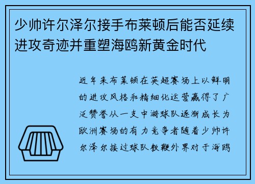 少帅许尔泽尔接手布莱顿后能否延续进攻奇迹并重塑海鸥新黄金时代